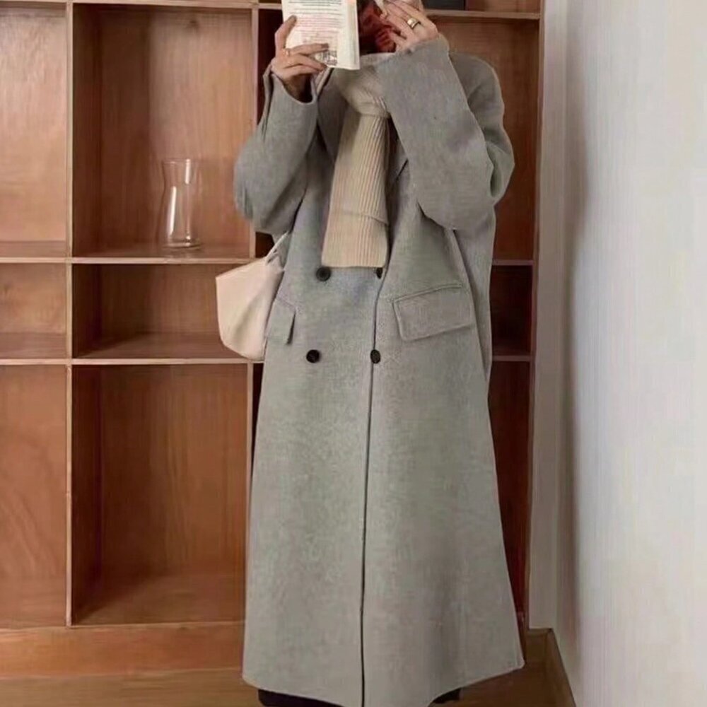 Grey Casual Women's Dropped Shoulder Wool Blend Double-Breasted Coat